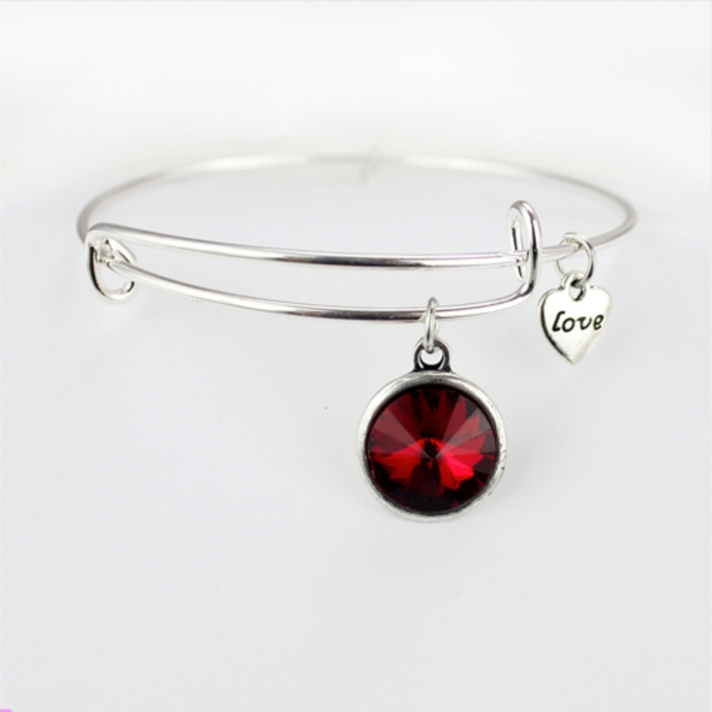 Birthstone Gemstone Charm Silver Bangle Bracelet - Picture 5 of 8